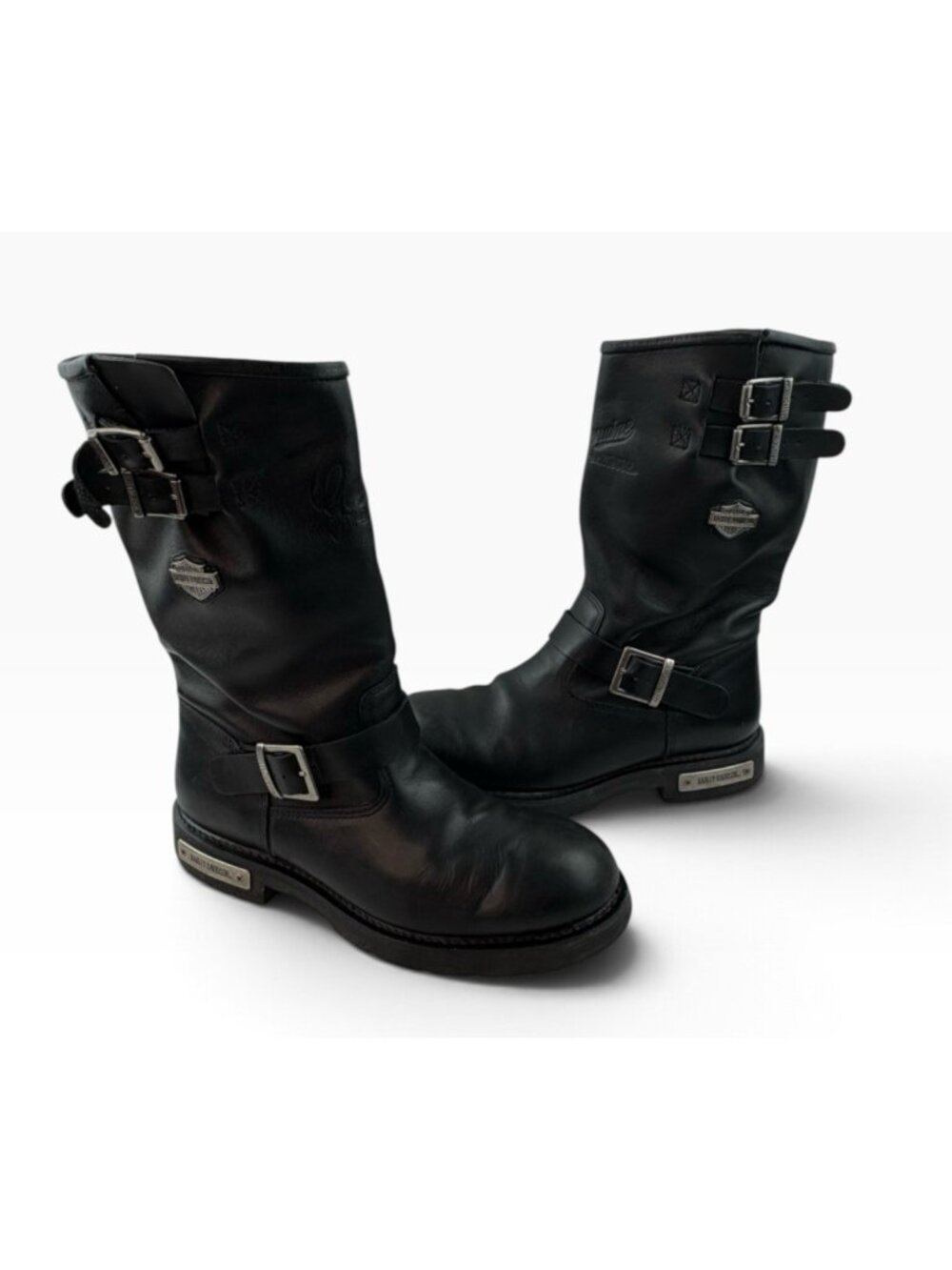 -Harley Davidson Black Leather Engineer Boots Mens US 10 Classic Logo Moto Biker